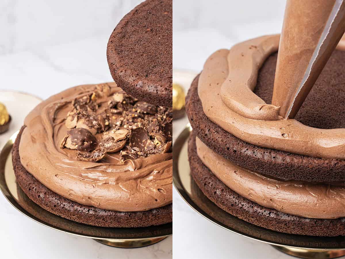 Place the second sponge layer on top and repeat exactly: cream border, cream fill, crushed Ferrero Rochers.