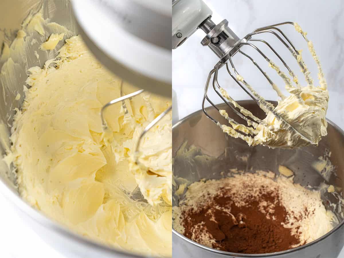 soft butter in the bowl of a stand mixer and Add the Dutch-processed cocoa powder
