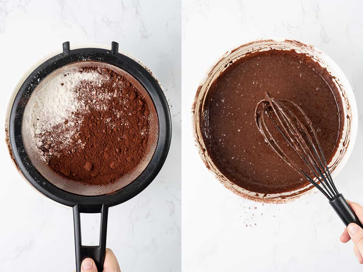 Pour the wet ingredients into the dry ingredients and fold gently.