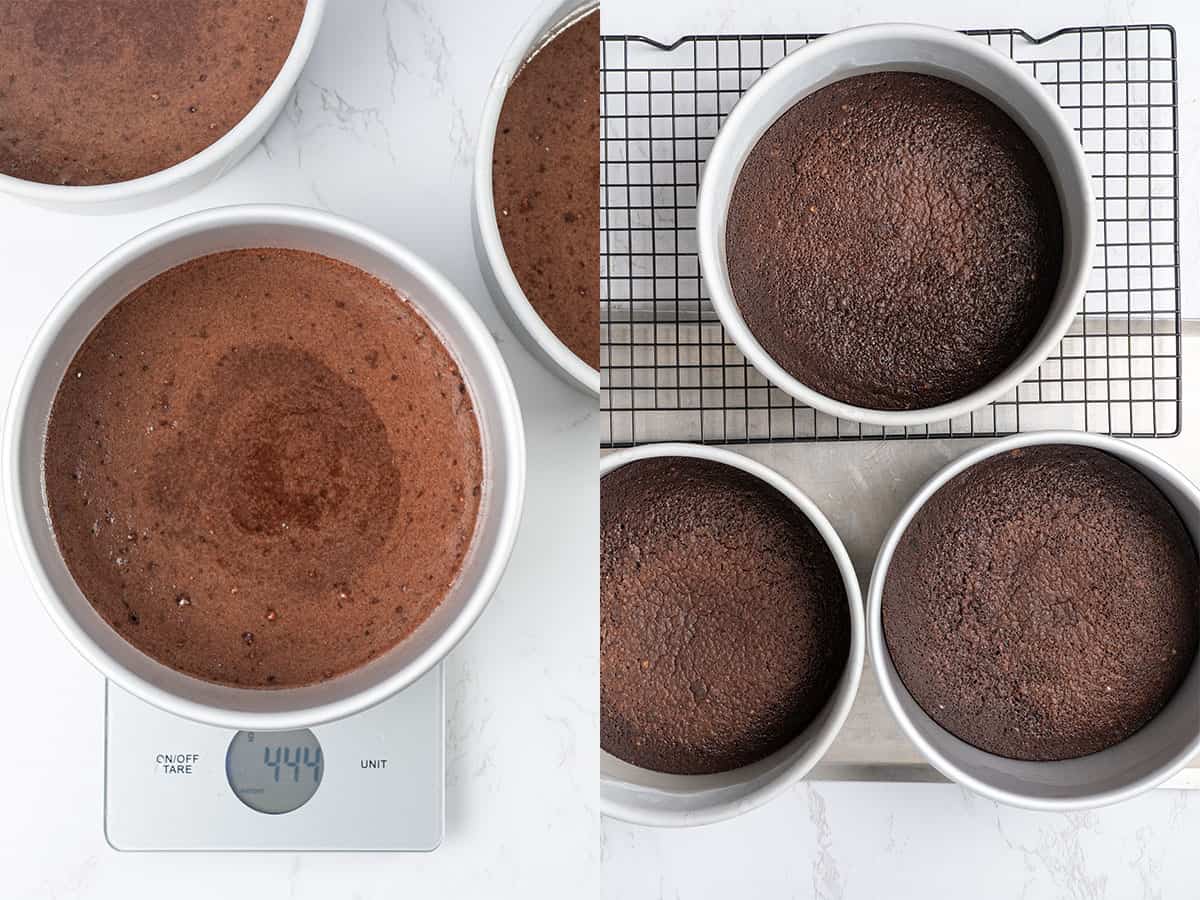 Divide the batter equally between the three prepared pans using a digital scale for accuracy.