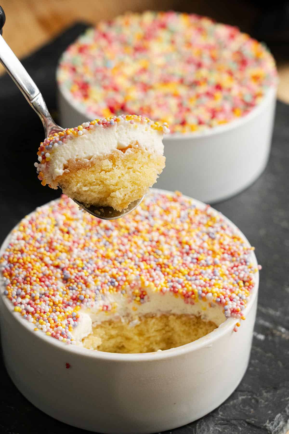 viral dot cake on a spoon.