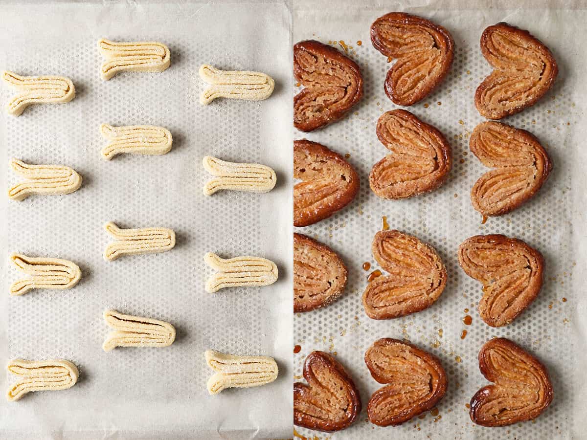 Palmiers before and after baking .