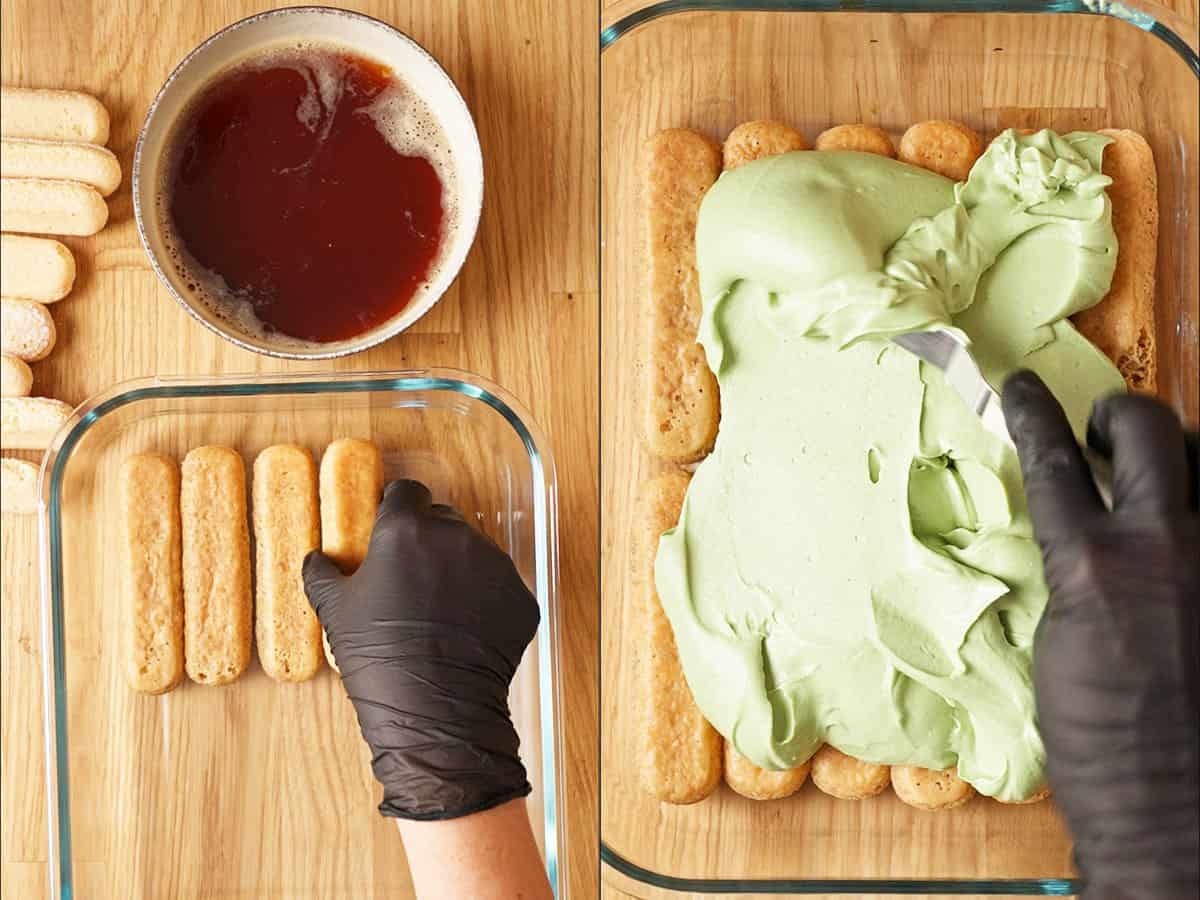 Soak the ladyfingers in coffee, then add the mascarpone cream.