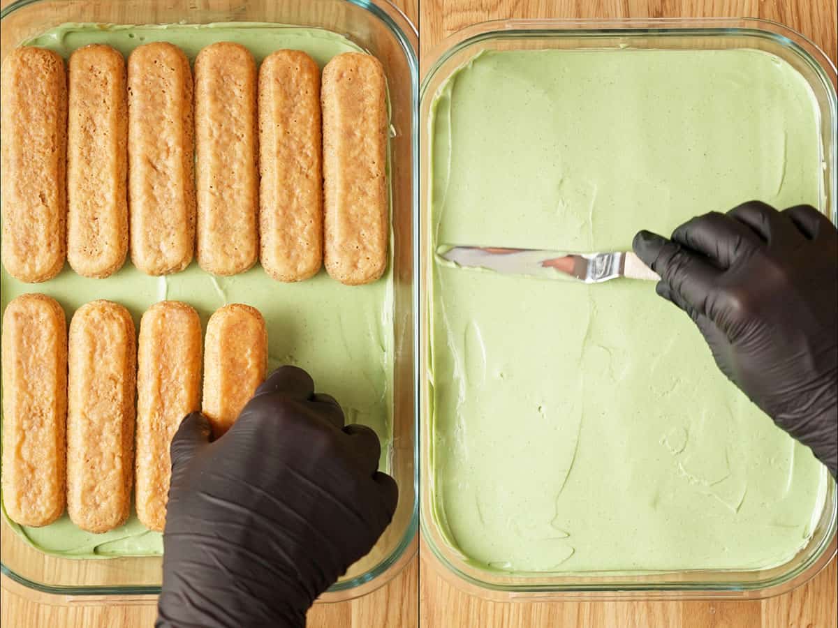 Soak the ladyfingers in coffee, then add the mascarpone cream.