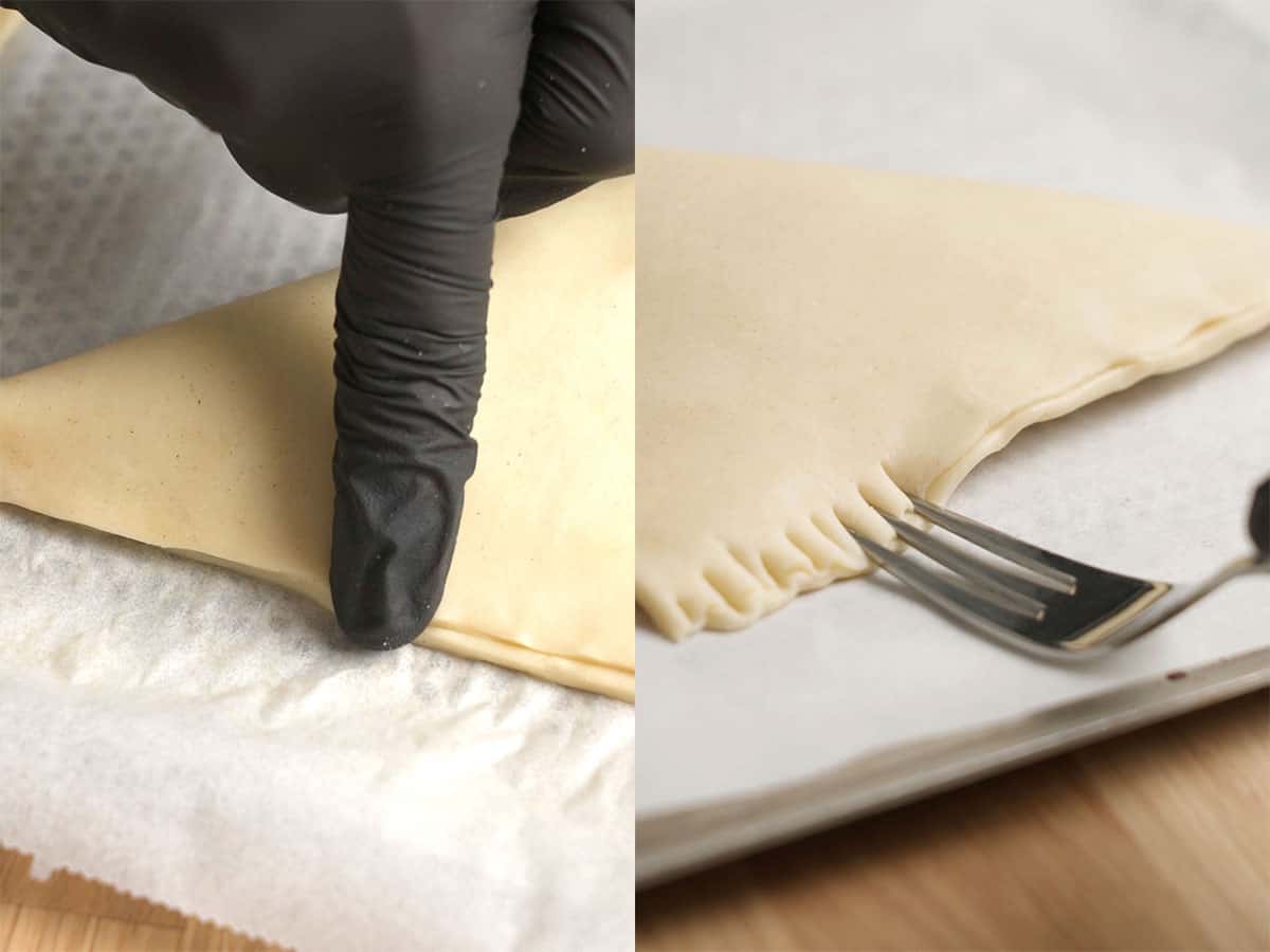 Press the edges together firmly with your fingers, then run a fork over them to crimp and seal along the seam.