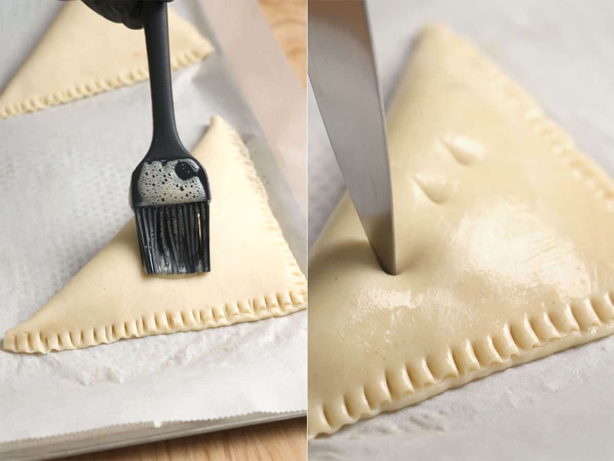 Brush with egg wash and Score two or three small slits on the top of each turnover.