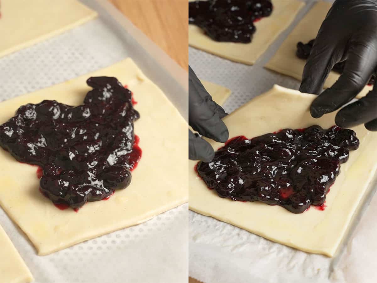 Spoon the cold blueberry filling into the center of each square, roughly 1.5 to 2 tablespoons per turnover.