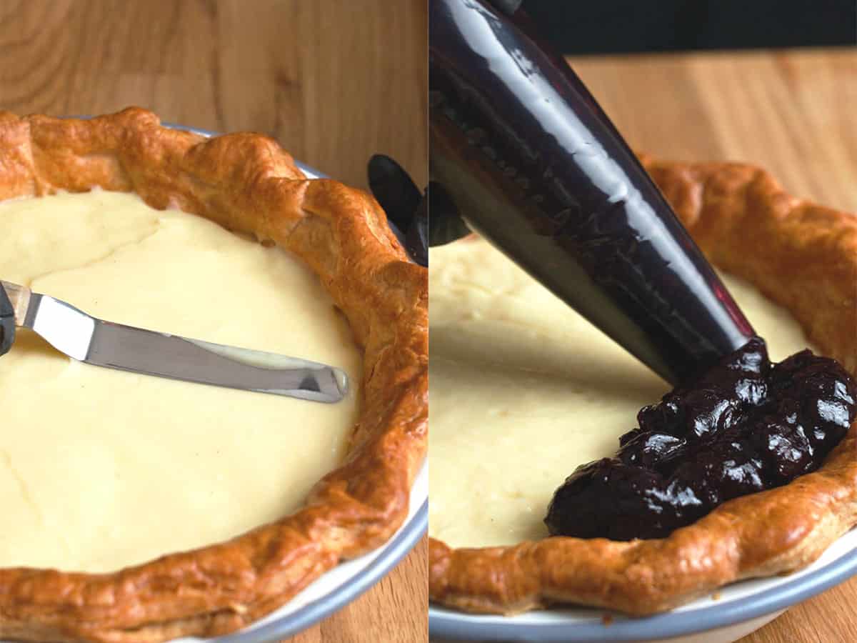Piping the cream and blueberry pie filling.
