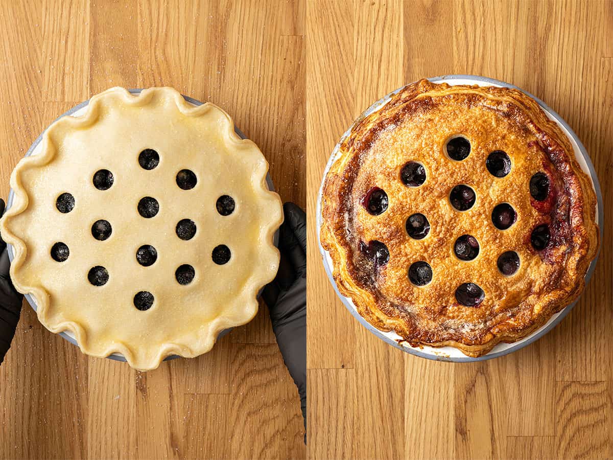Blueberry pie before and after baking