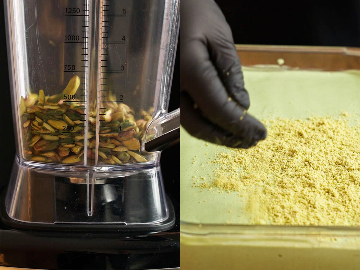 Decorate with ground pistachios.