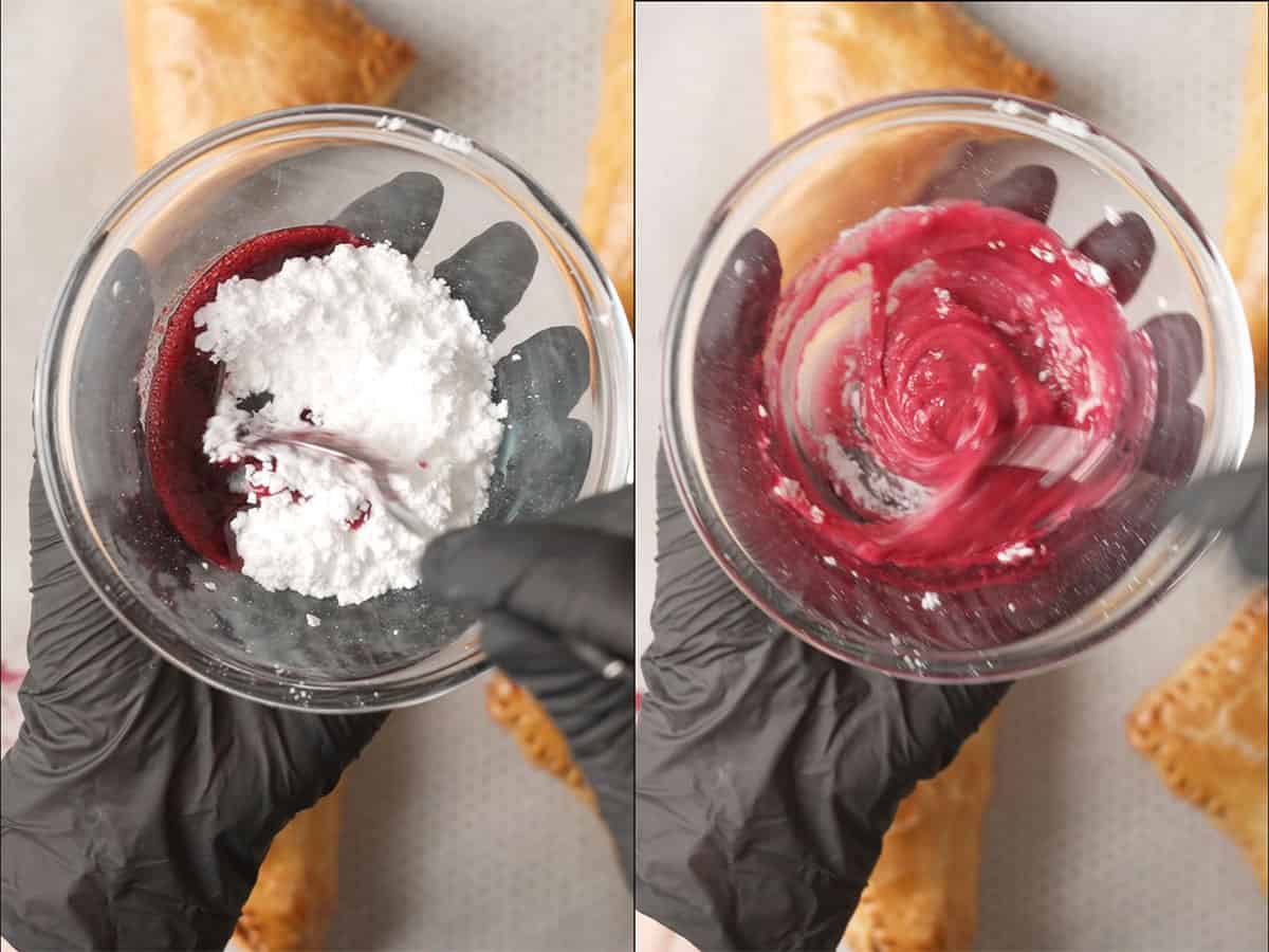 Making blueberry glaze.