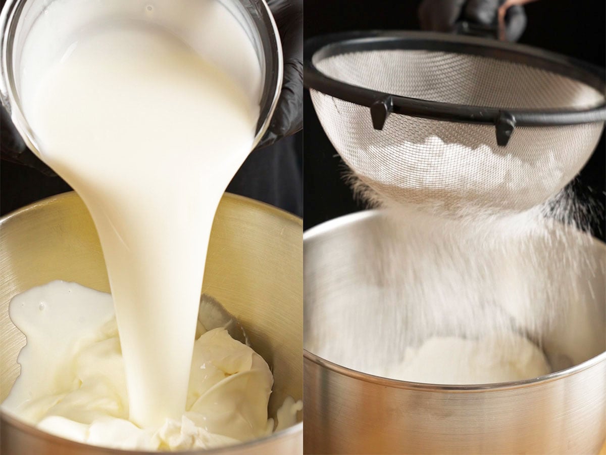 Mix mascarpone, heavy cream, and sifted powdered sugar from the mascarpone cream.