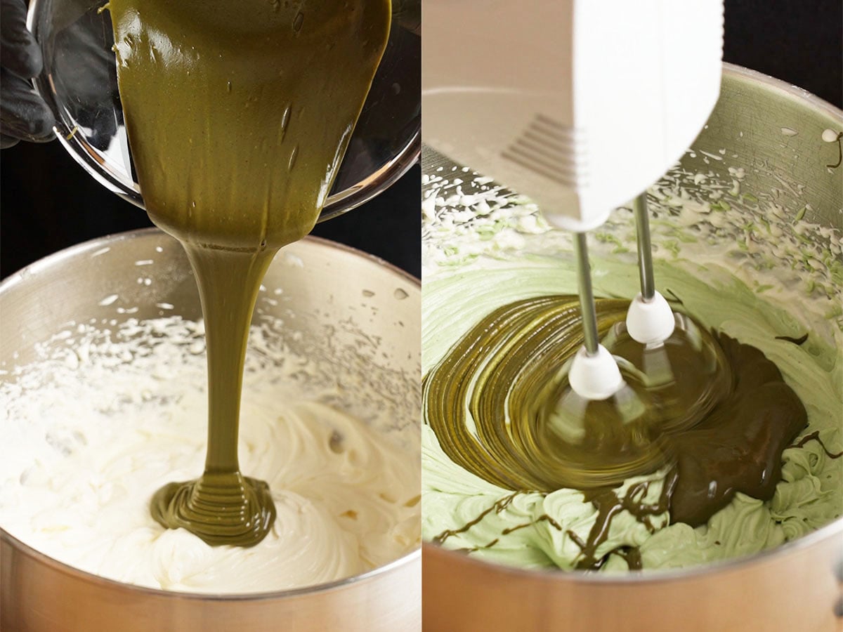 Adding the pistachio paste and mixing it with the mascarpone cream.