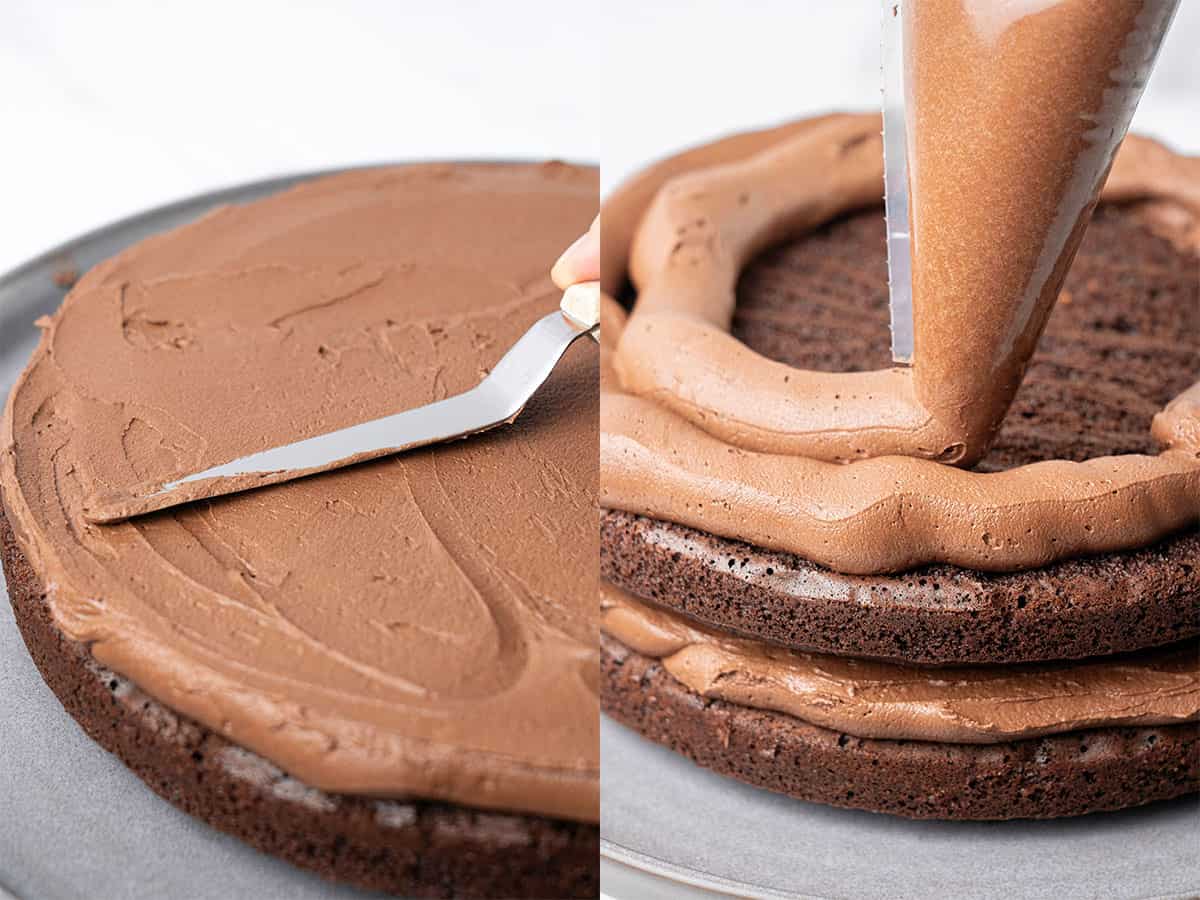 Piping the Chocolate Fudge Frosting between layers.