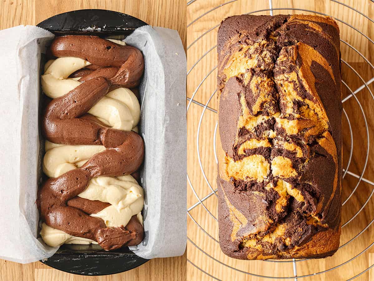 Marble Loaf Cake before and after baking.
