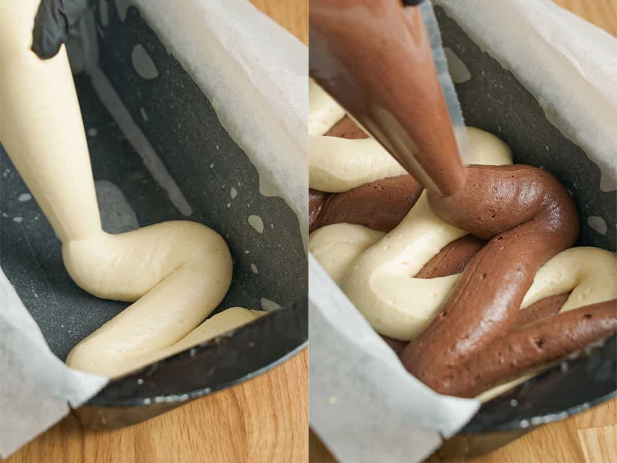 Piping the cake batter.