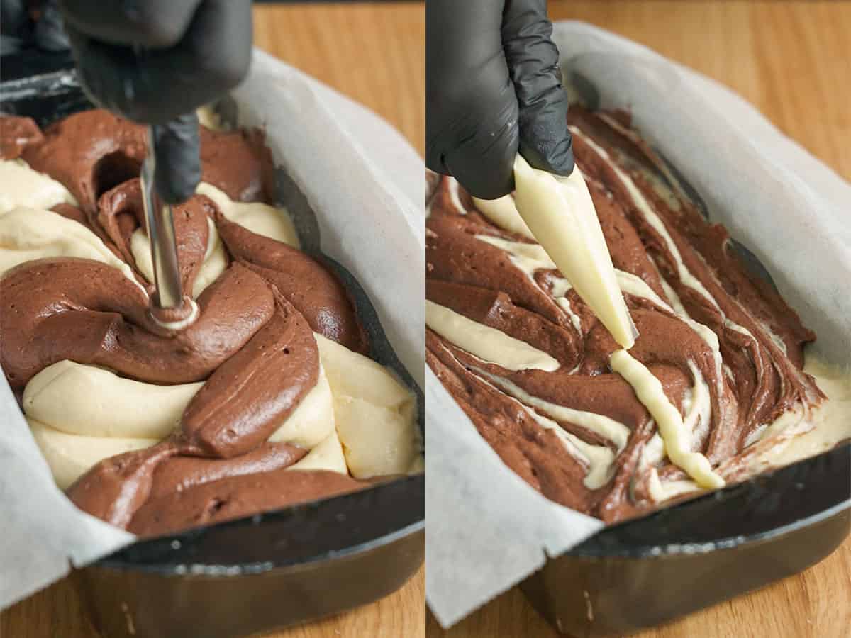 Making marble swirl ice cream with chocolate and vanilla flavors.