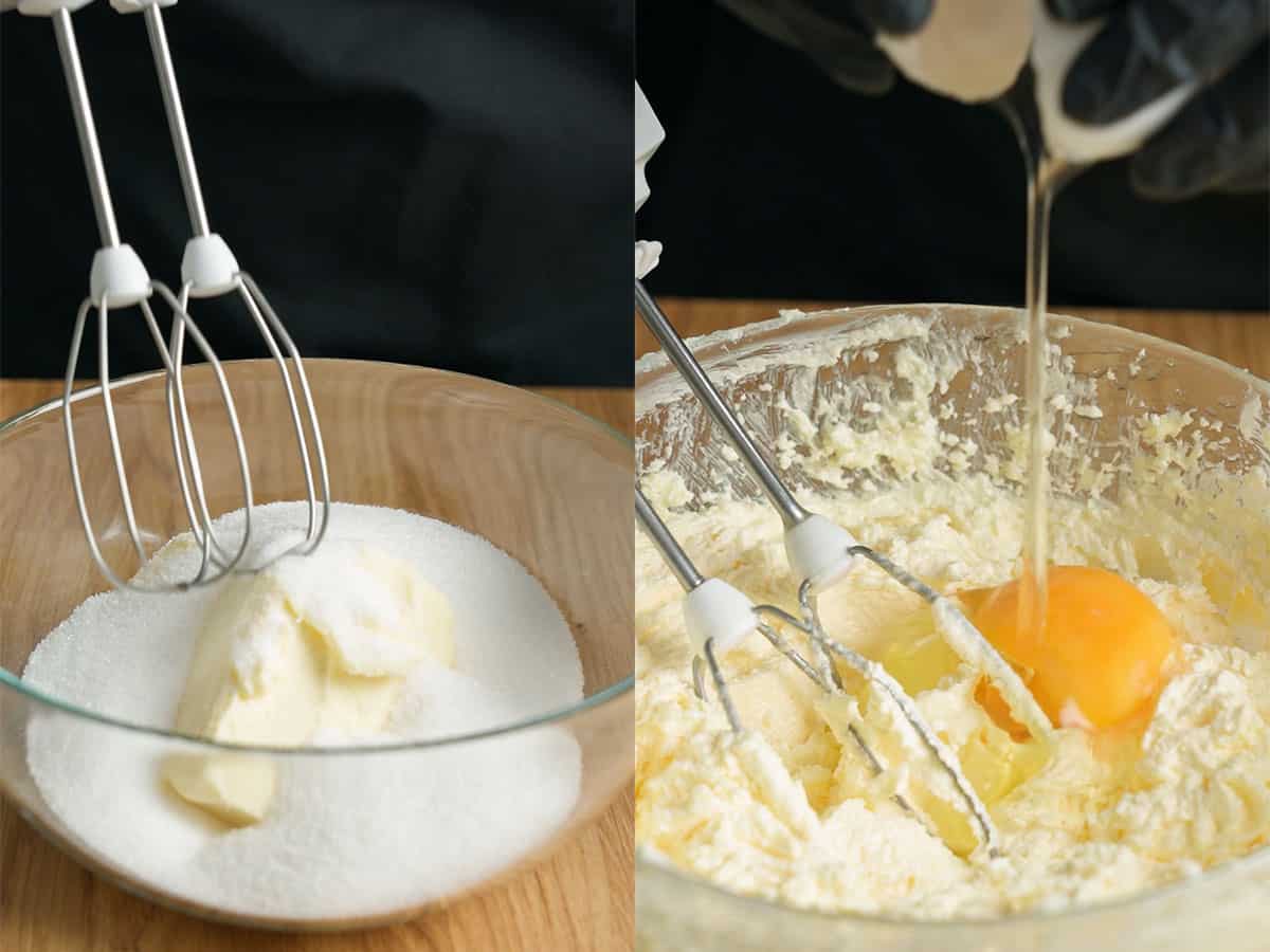 Mix sugar and butter and add the eggs.