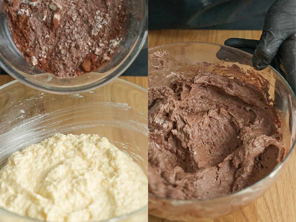 Add the flour and cocoa powder, then mix well.