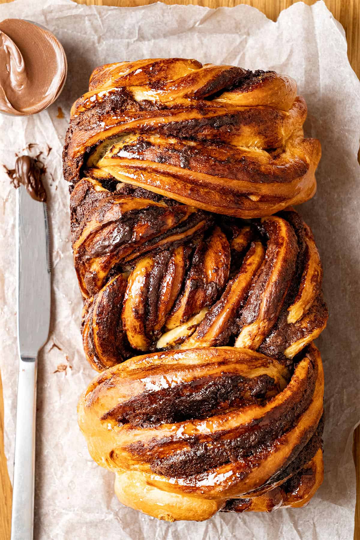 Nutella Babka on a baking sheet.