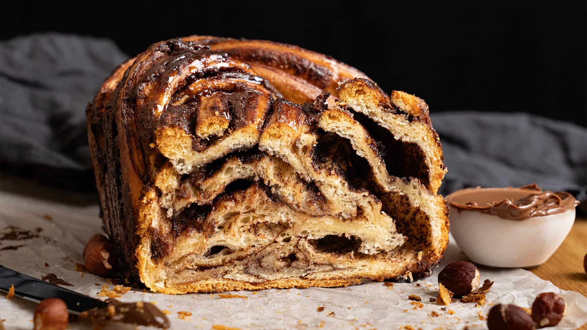Nutella Babka on a baking sheet.