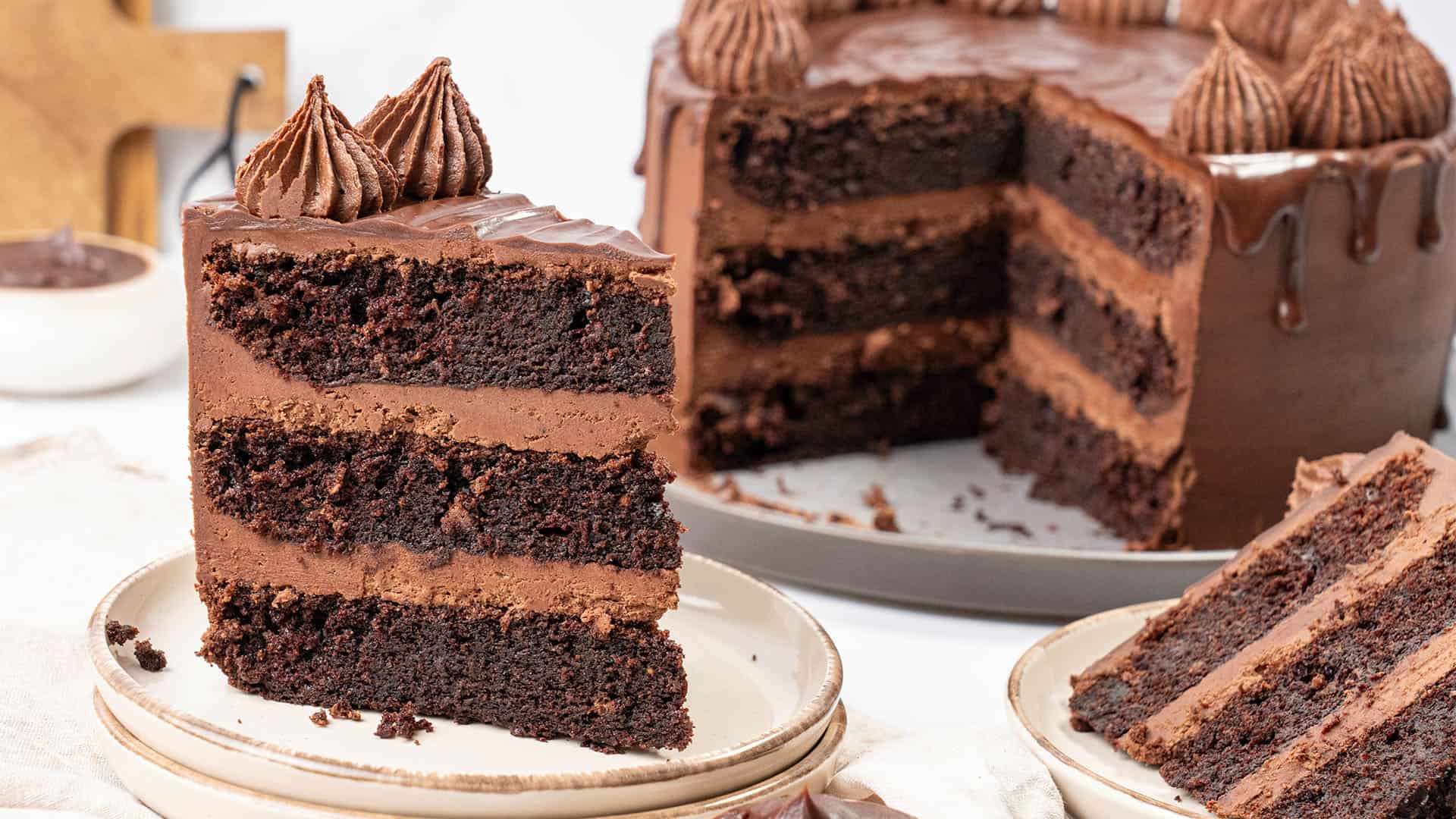 A slice of triple chocolate cake.
