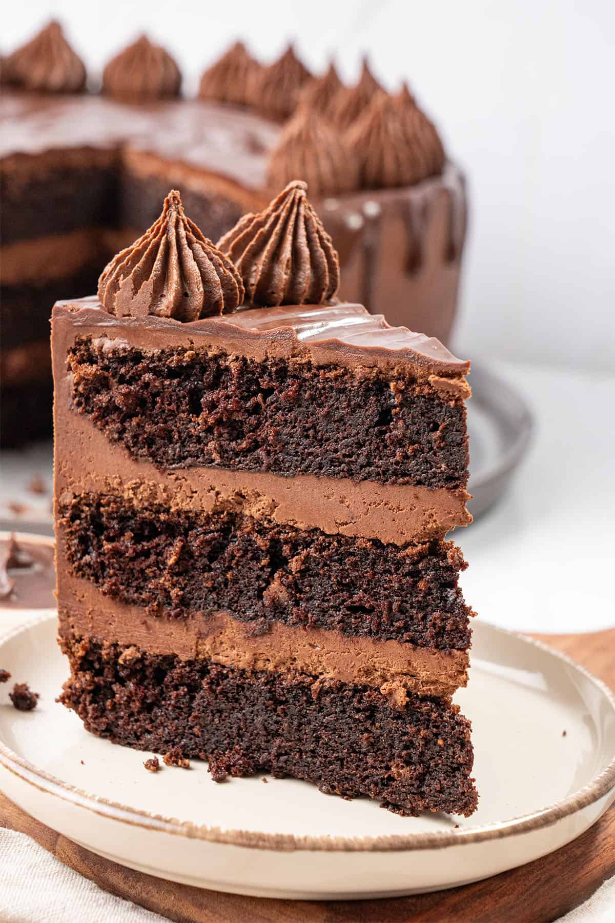 A slice of triple chocolate cake.
