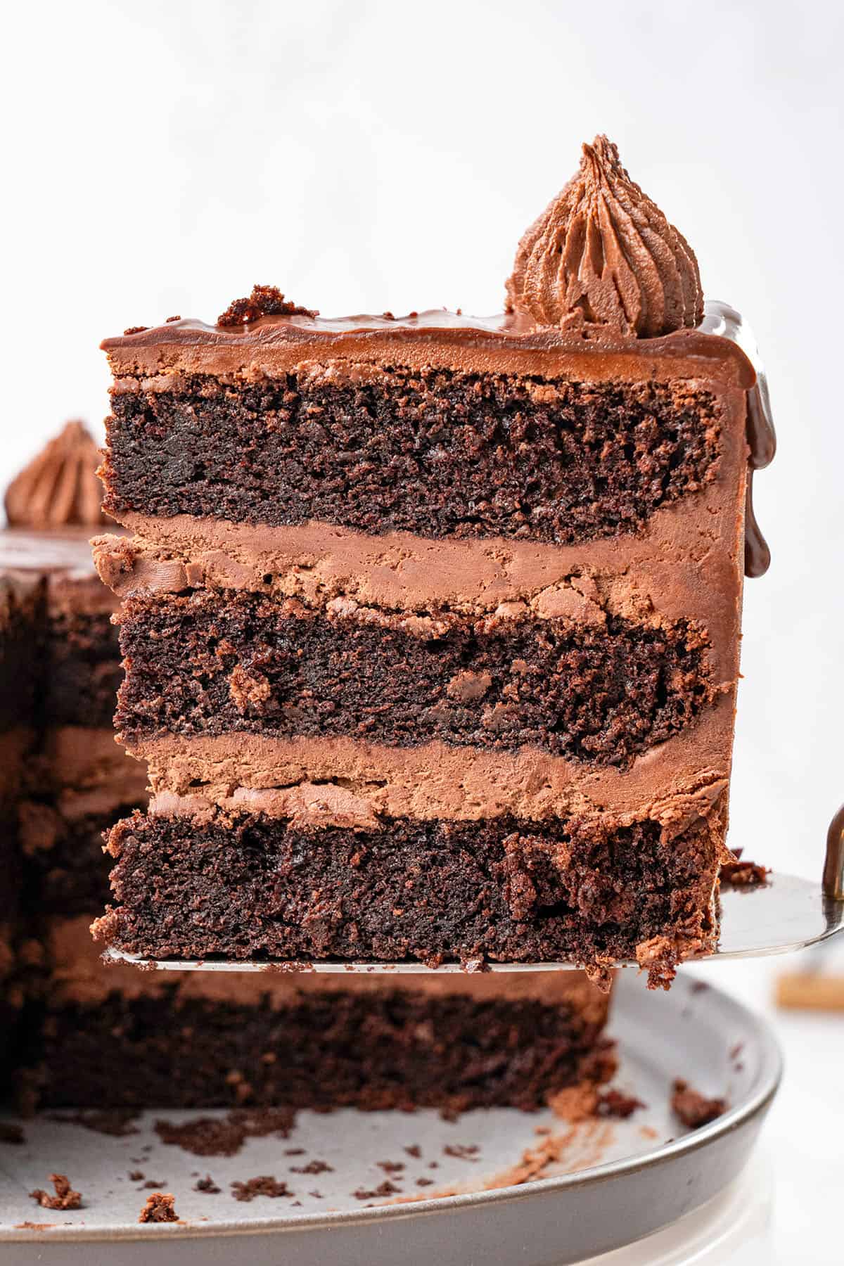A slice of triple chocolate cake.