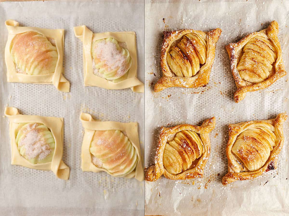 Apple Danish before and after baking.