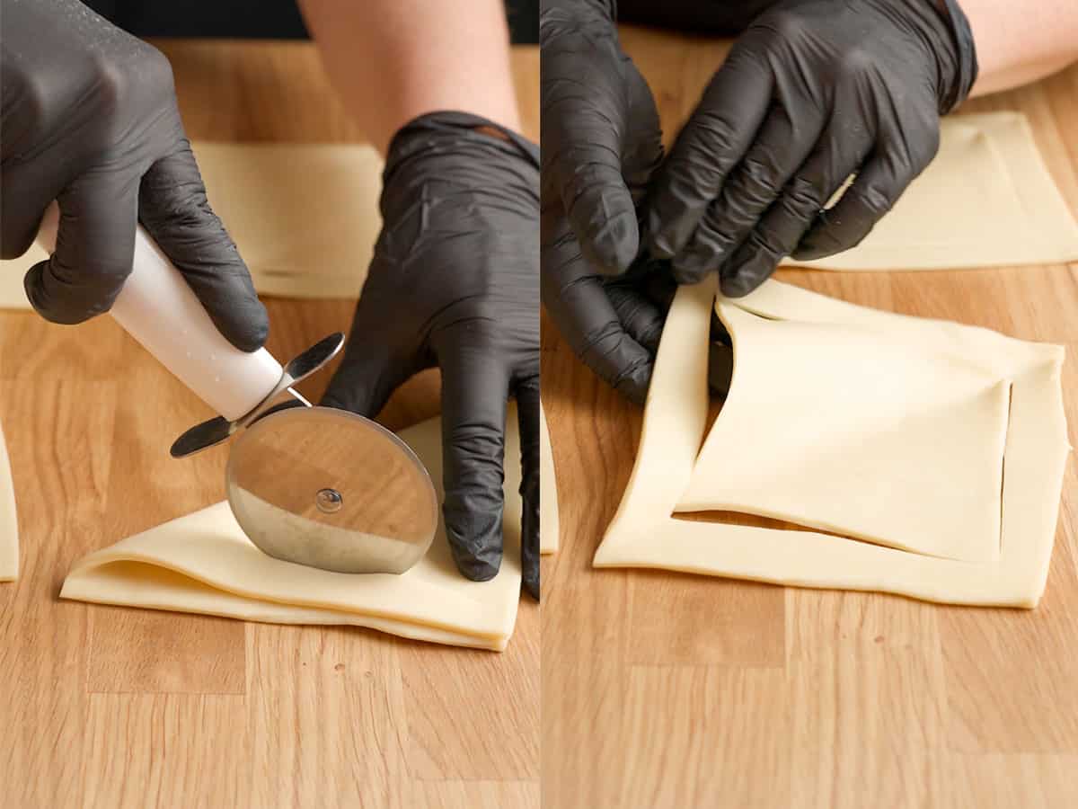 Cutting the pastry and folding.