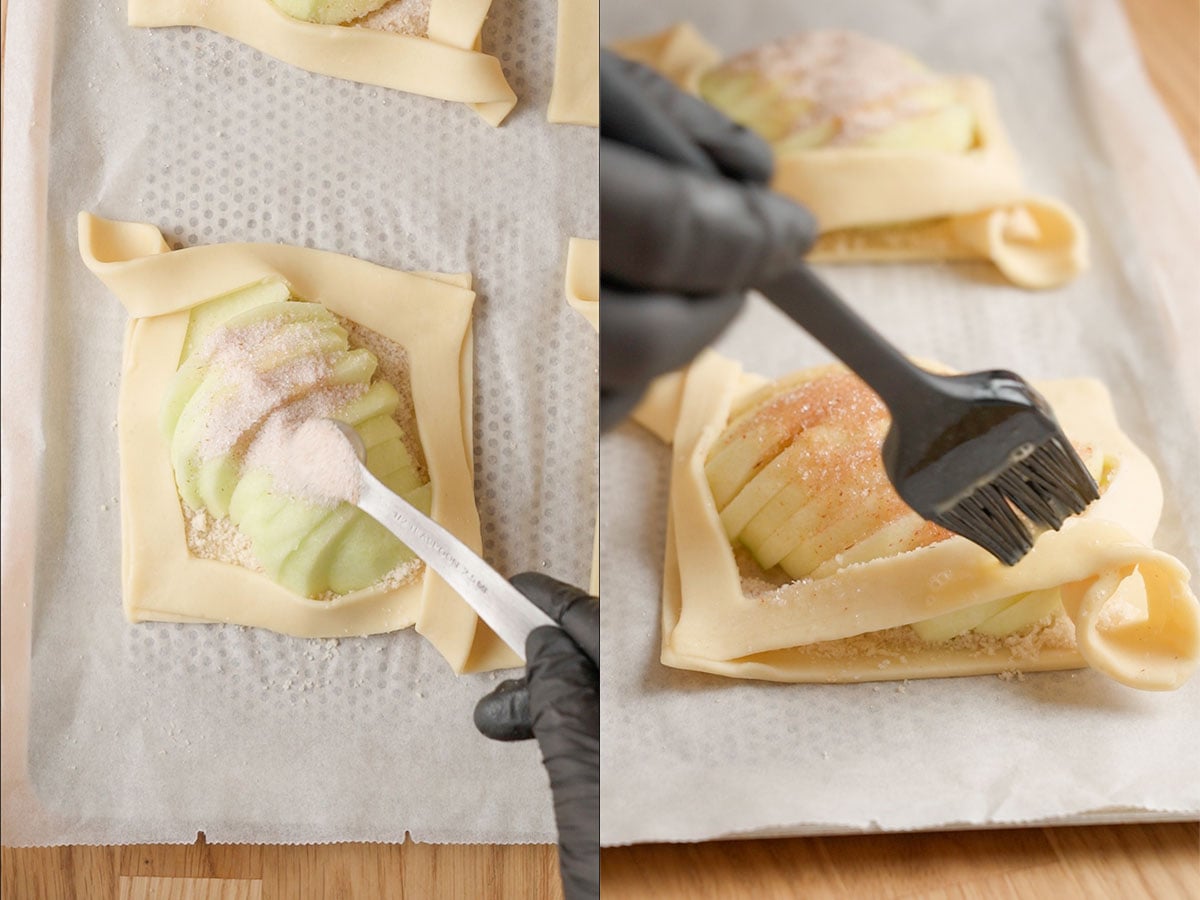 Add sugar coating on top and brush the pastry with egg wash.