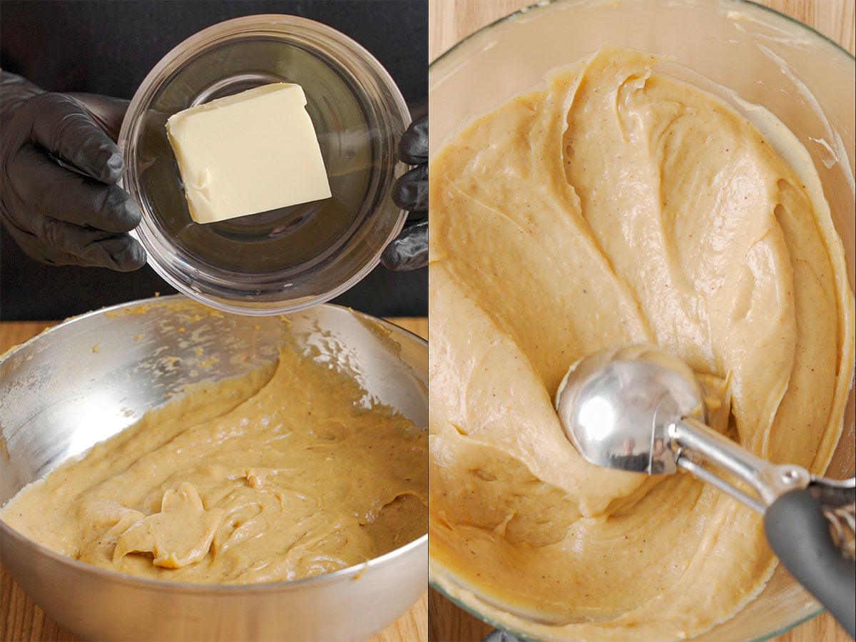 Add the butter, mix well, then scoop into ramekins.