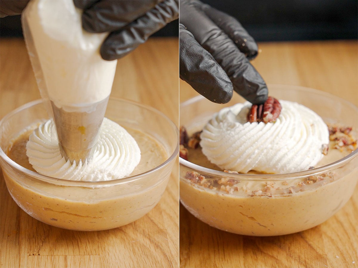 Decorate with Chantilly cream and toasted pecans.