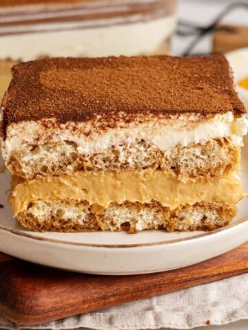 A slice of Pumpkin Tiramisu on a plate.