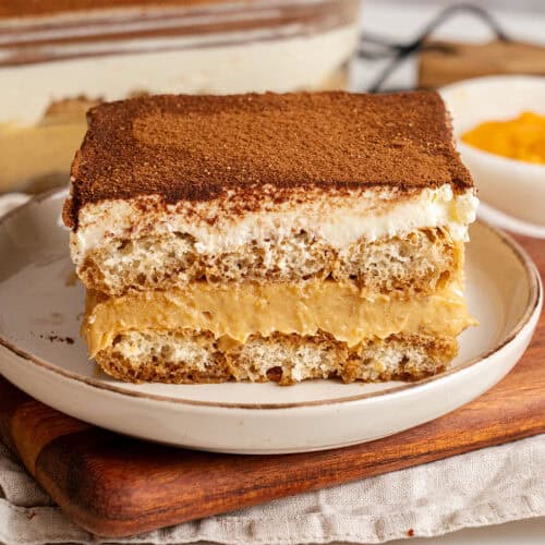 A slice of Pumpkin Tiramisu on a plate.